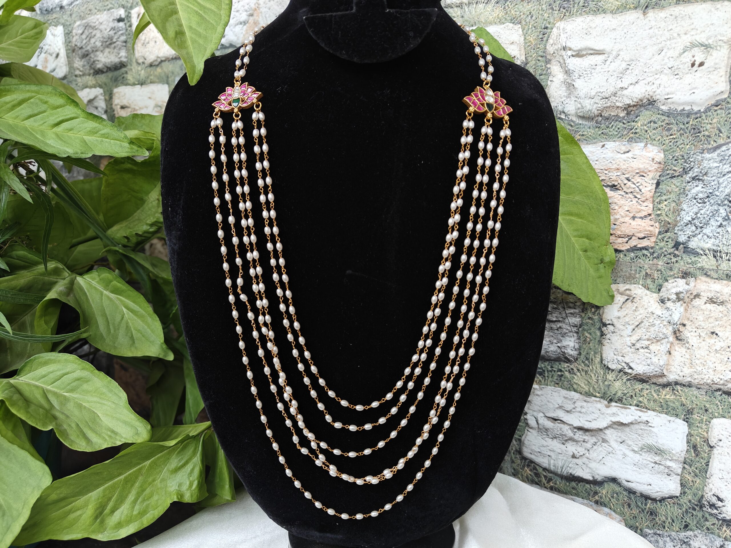 Pearl multi layer chain with lotus kundan motif NFN212